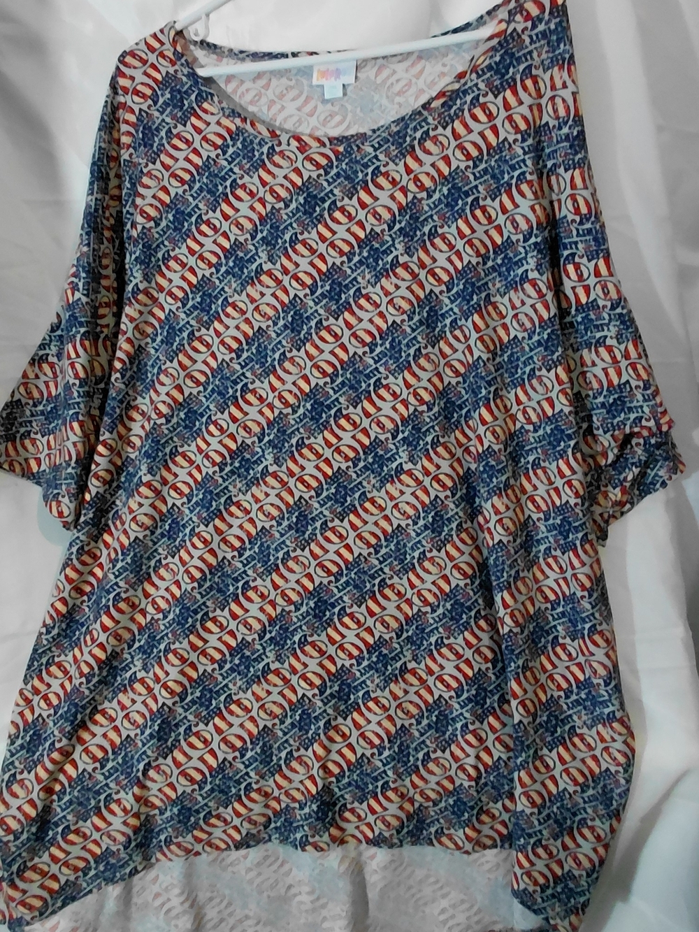 LuLaRoe Short Sleeve Tunic in Blue, Red and Cream Geometric Stripe